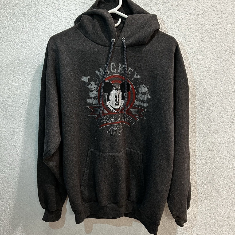 Disney World Mickey Mouse Hoodie Sweatshirt Mens L Gray Pullover Fleece
